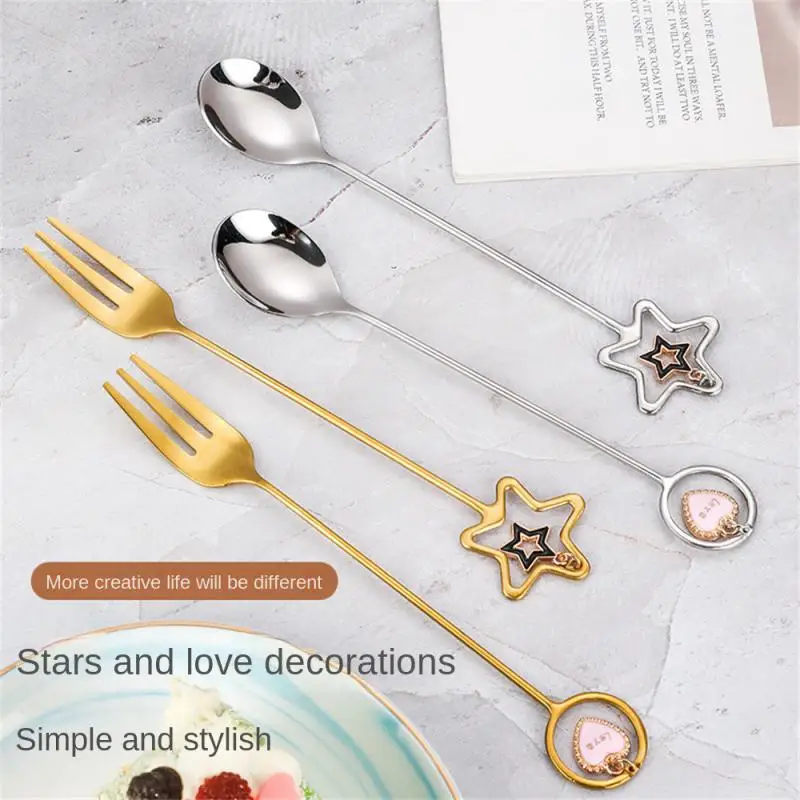 

Gold-plated Fruit Fork Stainless Steel Heart-shaped Pendant Fork Five-pointed Star Mixing Spoon Set Tableware Creative Spoon