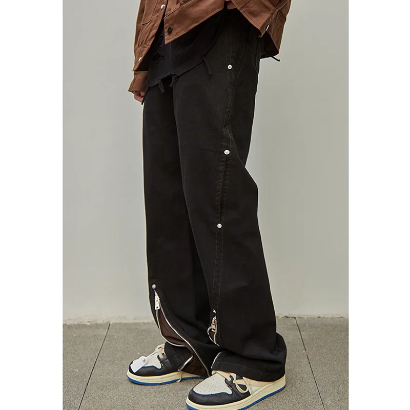 Streetwear Men Side Buttoned Zippered Tooling Black Jeans New Style Trend Loose Temperament Versatile Casual Pants Autumn Female