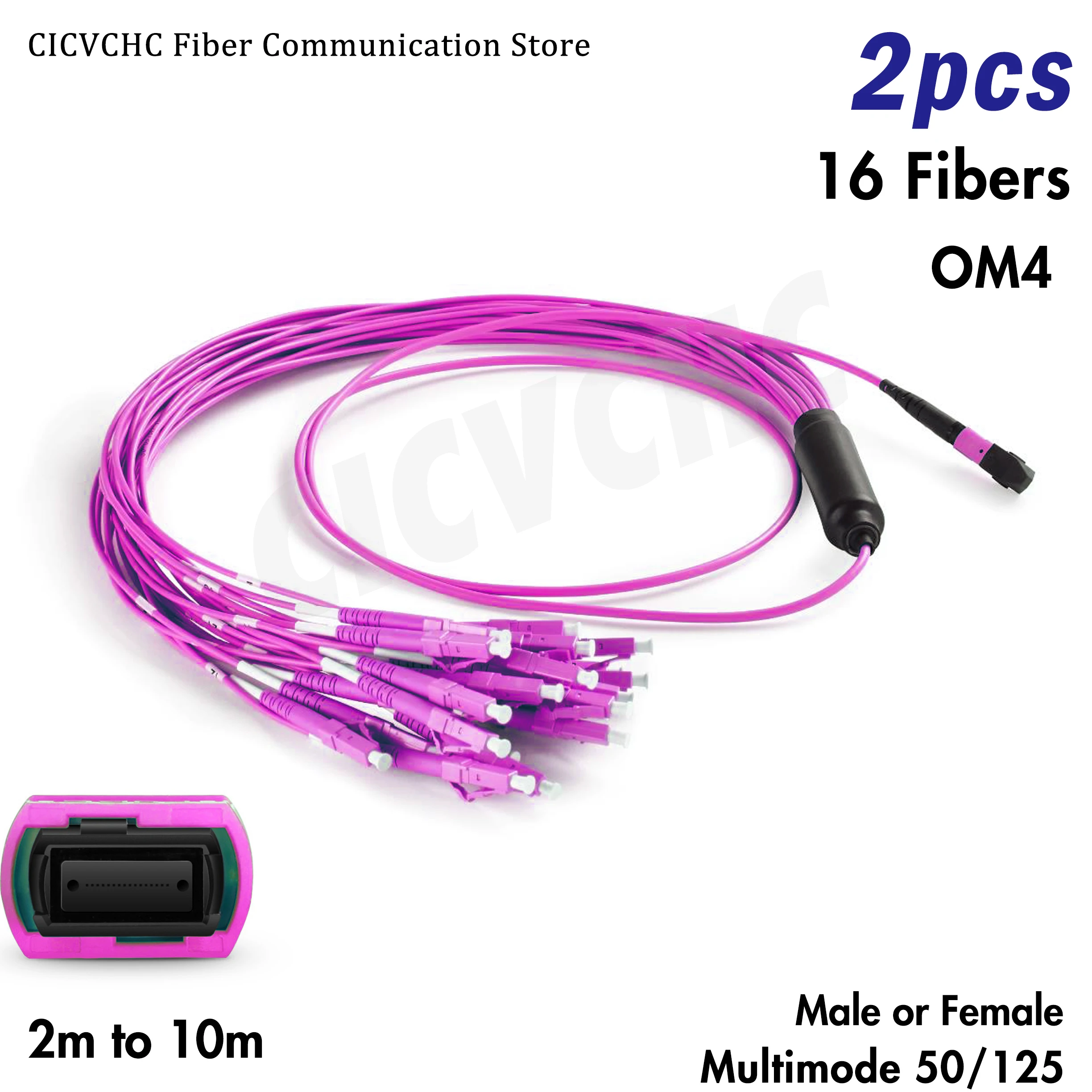 2pcs 16 fibers-MPO/UPC-LC/UPC-OM4-Low Loss-Male/Female with 2.0mm Fanout-2m to 10m/MPO Assembly