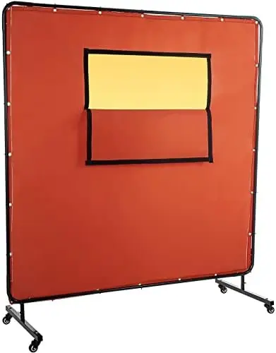 

Curtain, 6' x 8', Welding Screen with Metal Frame & 4 Wheels, Fireproof Fiberglass w/Transparent Window, for Worksho