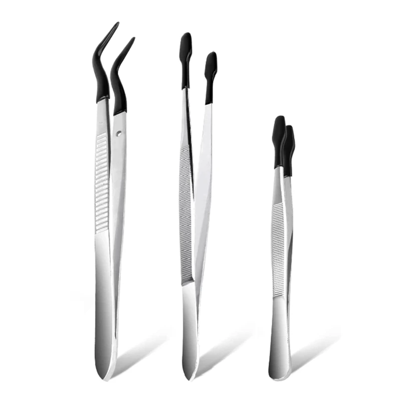 

3 Pcs Tip Tweezers With Rubber Non-Marring Silicone Tipped Tweezers Rubber Lab Tweezers