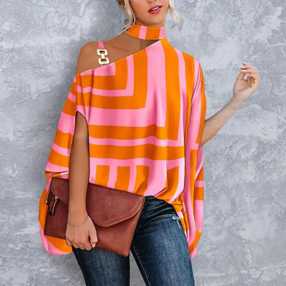 

Stylish Women Print Loose Pullover Blouse Lady Shirt Print Stand Collar