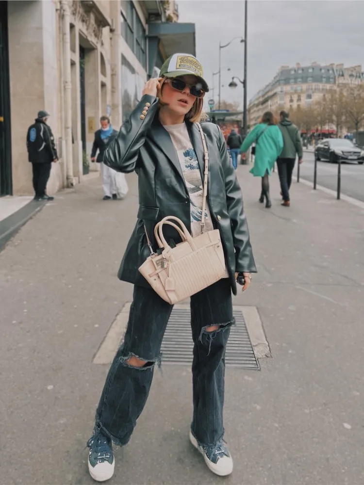 Женский пиджак из искусственной кожи Adherebling Traf винтажный с длинными рукавами и