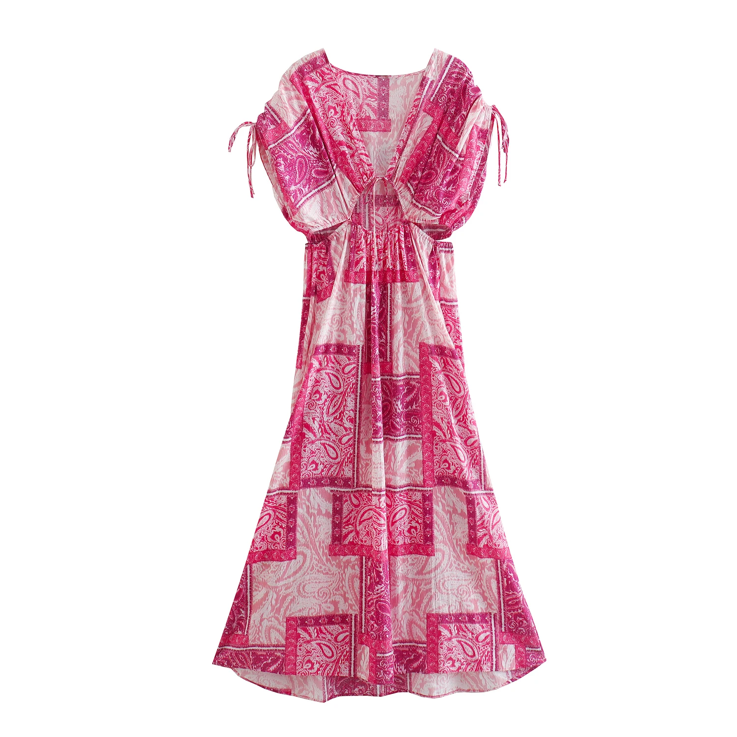 

2022 Women Fashion With Tied Hollow Out Printed Midi Dress Vintage V Neck Sleeveless Female Dresses Vestidos Mujer