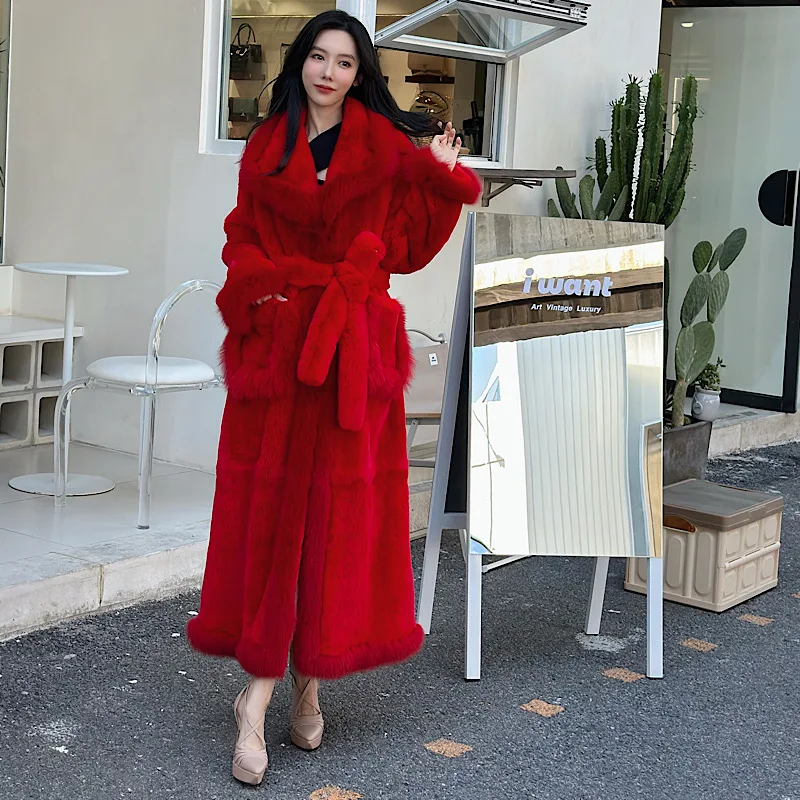 Женское длинное пальто из натур. Кожи зимнее натурального меха кролика рекс с