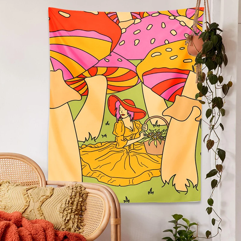 

70s Wall Art tapestry Wall Hanging Summer of Love Flower Child Hippie Vintage mushroom girl Psychedelic 60s Floral Home Decor