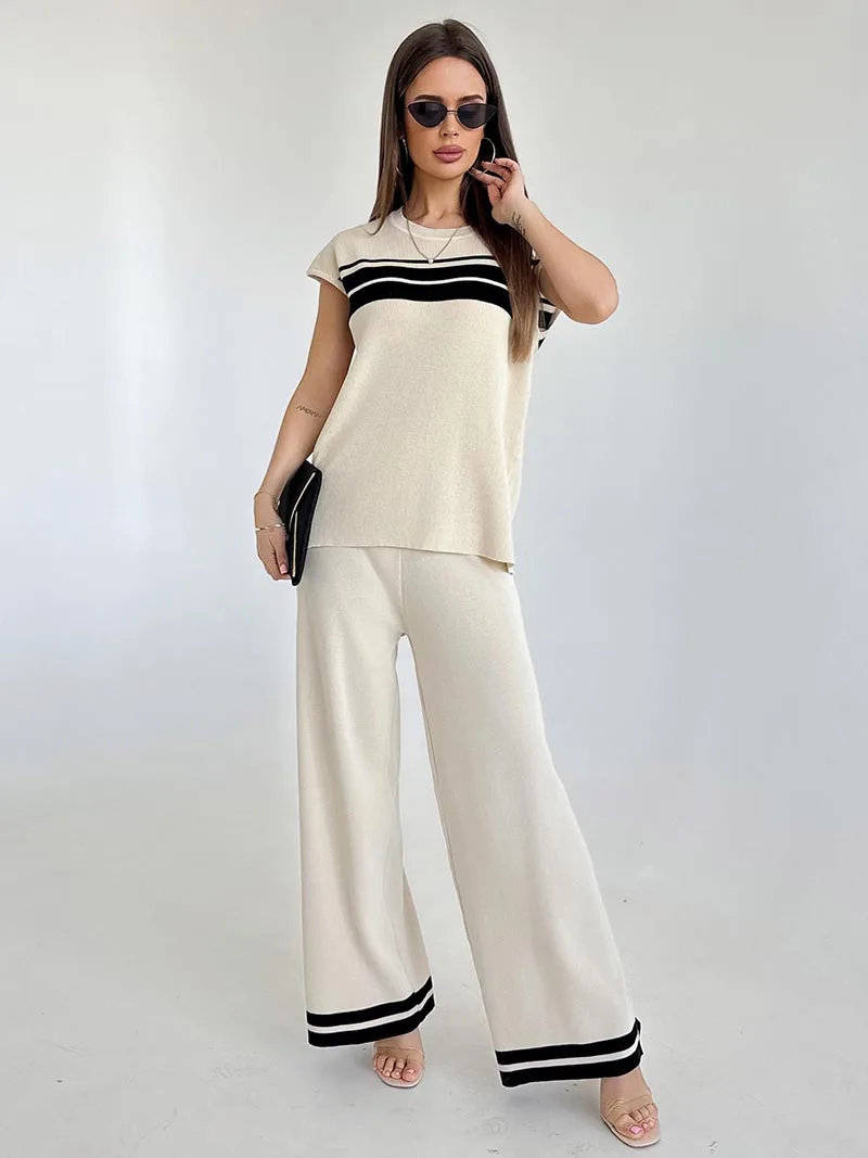 Повседневный женский вязаный костюм с коротким рукавом спортивный комплект из