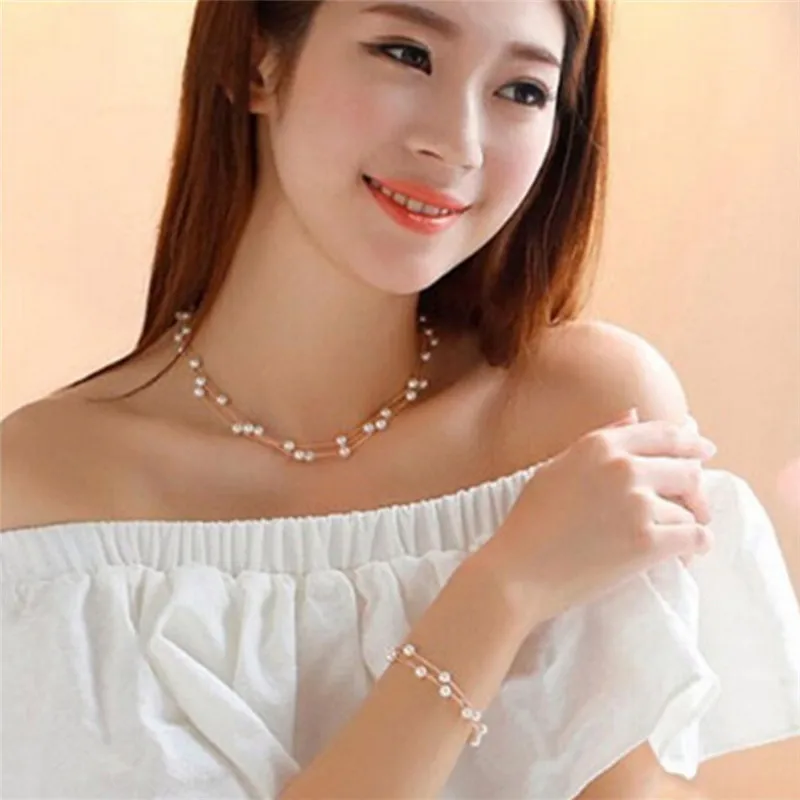 Hot Fashion Multilayer Pearl Necklace Earrings Bracelet Jewelry Set for Wedding Bridal  Conjunto de accesorios de moda