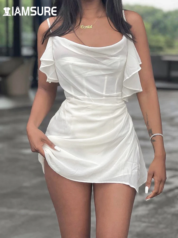 

IAMSURE Clubwear Slim Folds Split Party Dress Sexy Slash Neck Sleeveless Mini Dresses For Women 2022 Summer Dress Fashion Ladies