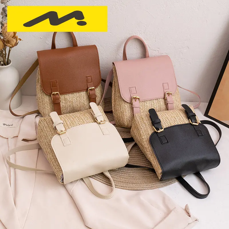 Vintage Straw Backpack Women Mini Shoulder Bag Versatile Straw Woven PU Leather Elegant Luxury Designer Small Backpack Mochilas