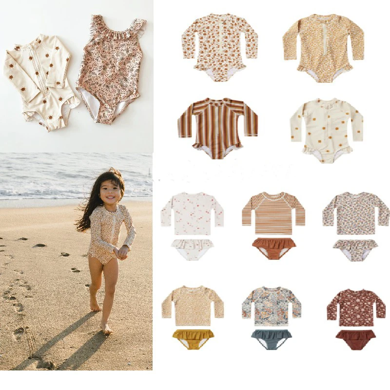 

Kids Girls Swimwear RC 2022 Summer Child Long Sleeve Sunscreen One Piece Swimsuits Bikini Sets Toddler Baby Holiday Beach Wear