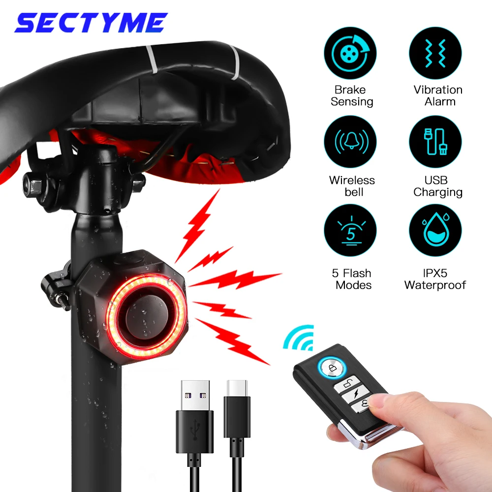 

Sectyme Bicycle Burglar Alarm Taillight Waterproof Smart Auto Brake Sensing Bike Rear Light USB Charge Remote Control Bike Lamp