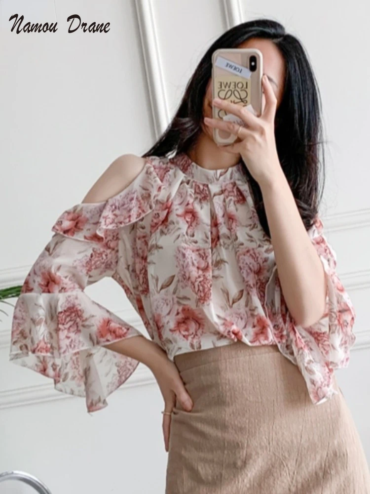 Женская шифоновая блузка с открытыми плечами элегантная офисная длинным рукавом