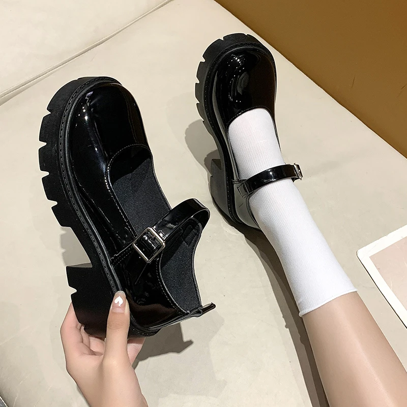 

2022 Women Oxfords Lolita Platform Shoes Mary Janes Chunky Flats Loafers Thick Sole Girls College Student Shoes Black Oxfords