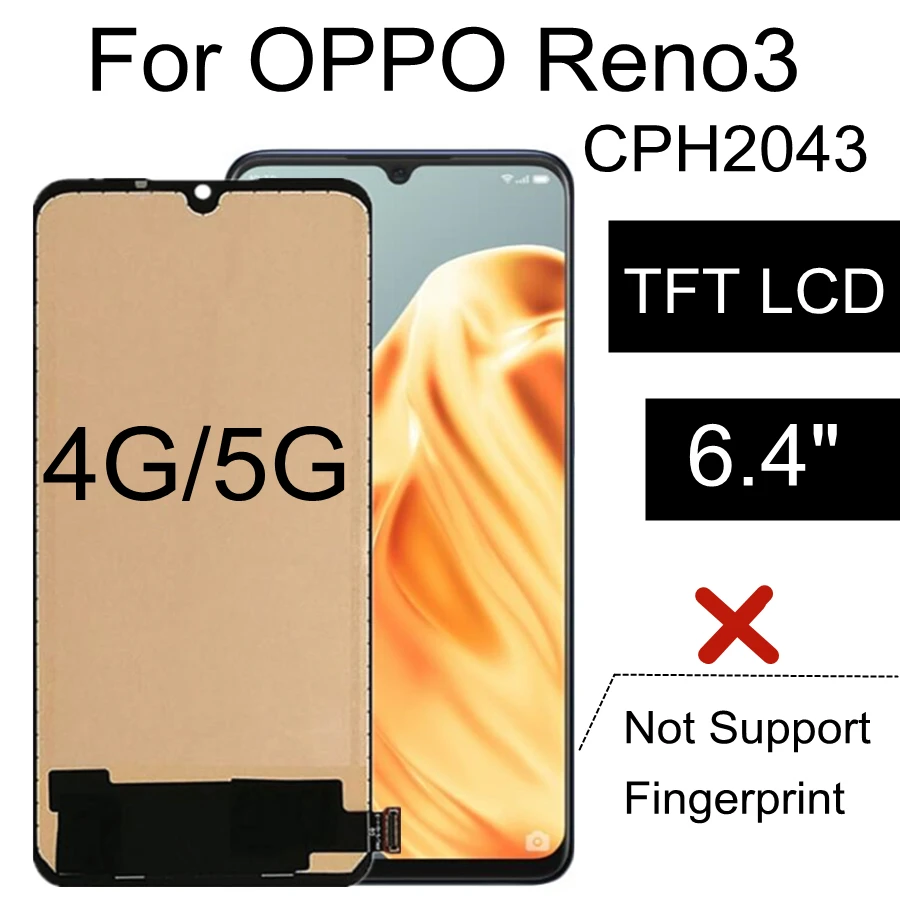 

6,4 "TFT ЖК-дисплей для OPPO Reno3 CPH2043 LCD дисплей кодирующий преобразователь сенсорного экрана в сборе Замена для oppo Reno 3 PCHM30 LCD