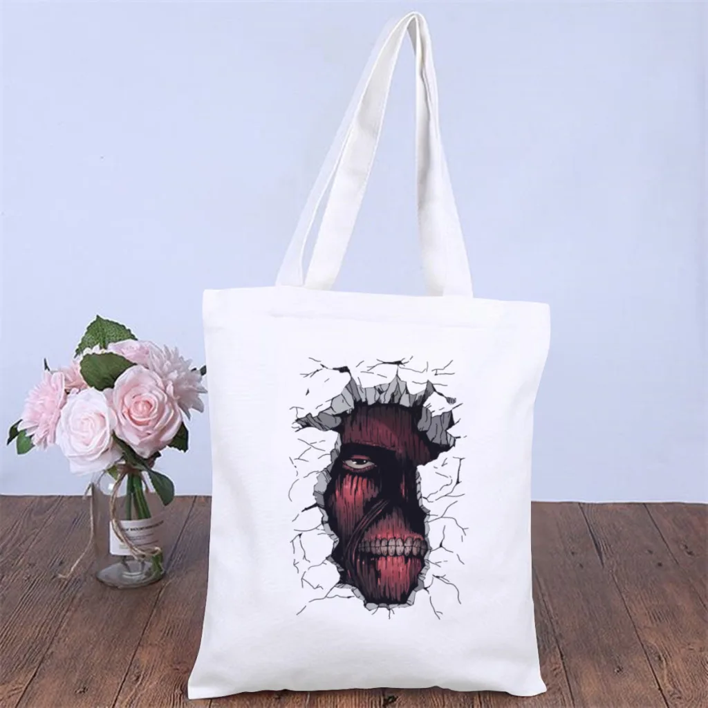 

Inside the WallHandbag Attack On Titan Shoulder Canvas Bags Unisex Storage Pocket Double Print Shopper HandBags Kawaii Tote Bag
