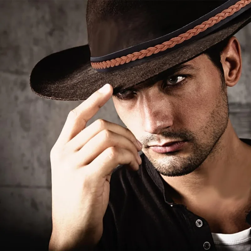 Шляпа в западном стиле с полями Fedora Hat из натуральной коричневой тканой кожи