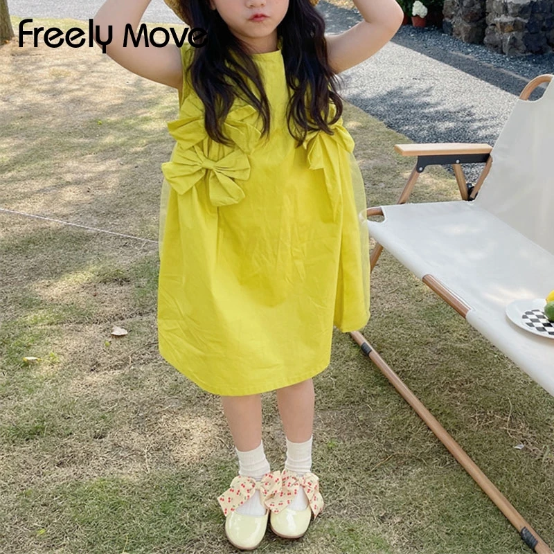 

Freely Move Girl Dress 2022 New Baby Dresses Pattern Cotton Soild Tulle Bow Birthday Dress Female Baby Summer Clothes