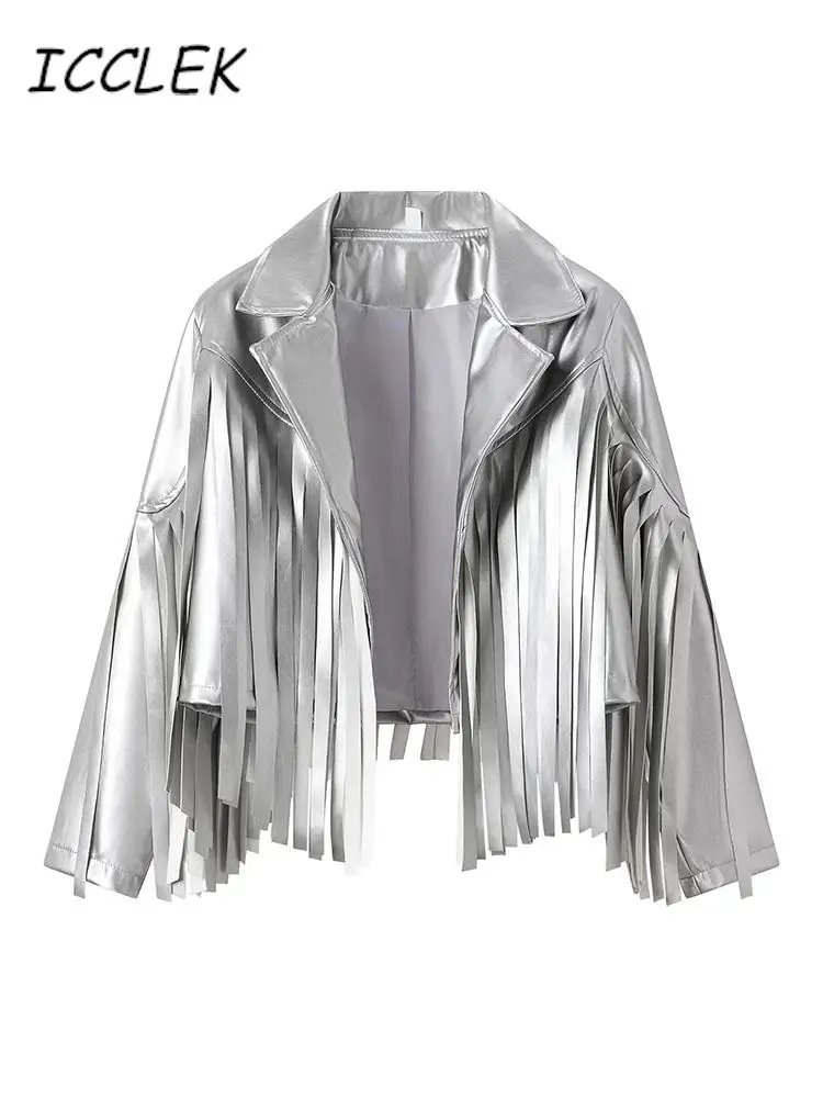 Куртка женская короткая из искусственной кожи с отложным воротником и