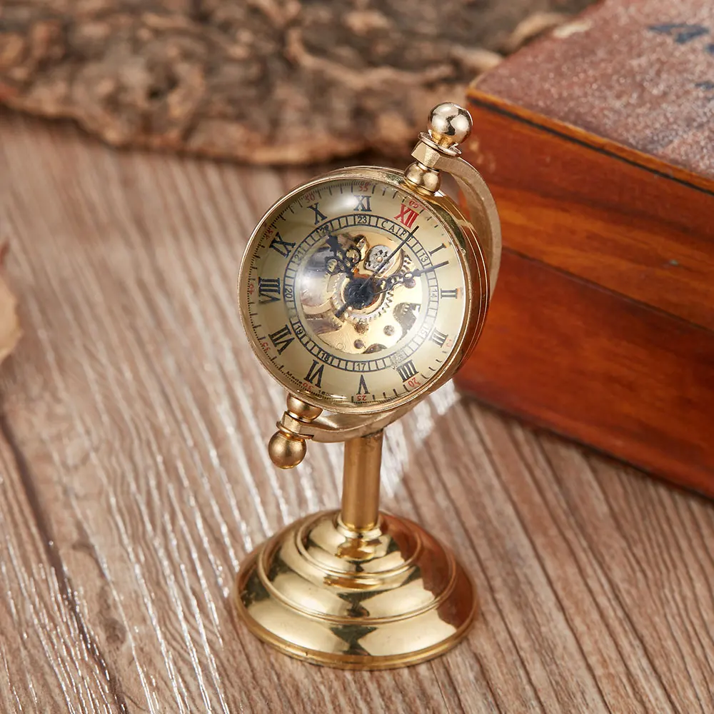 Vintage Spinning Globe Gold Desk Clock Men Creative Gift For Pocket Watch Copper Table Clock Mechanical Pocket Watch Male