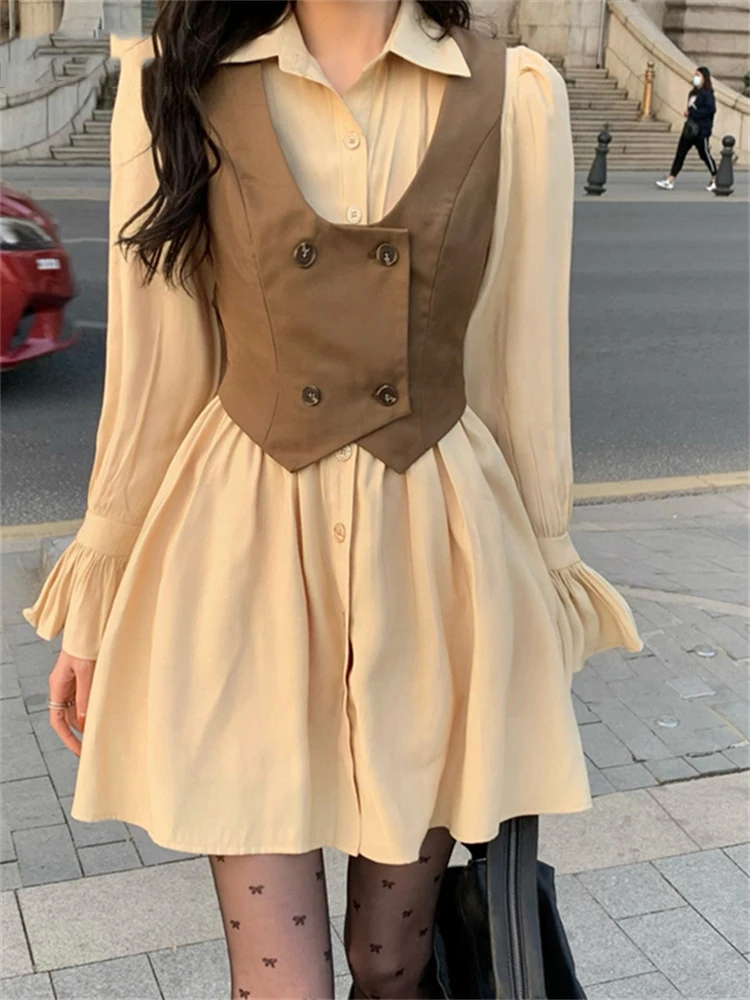 

Casual Korean Style Slim Shirt Dreess For Women 2022 New Elegant Fashion 2Piece Sets Long Sleeve Collar Mini Dress Solid Vest