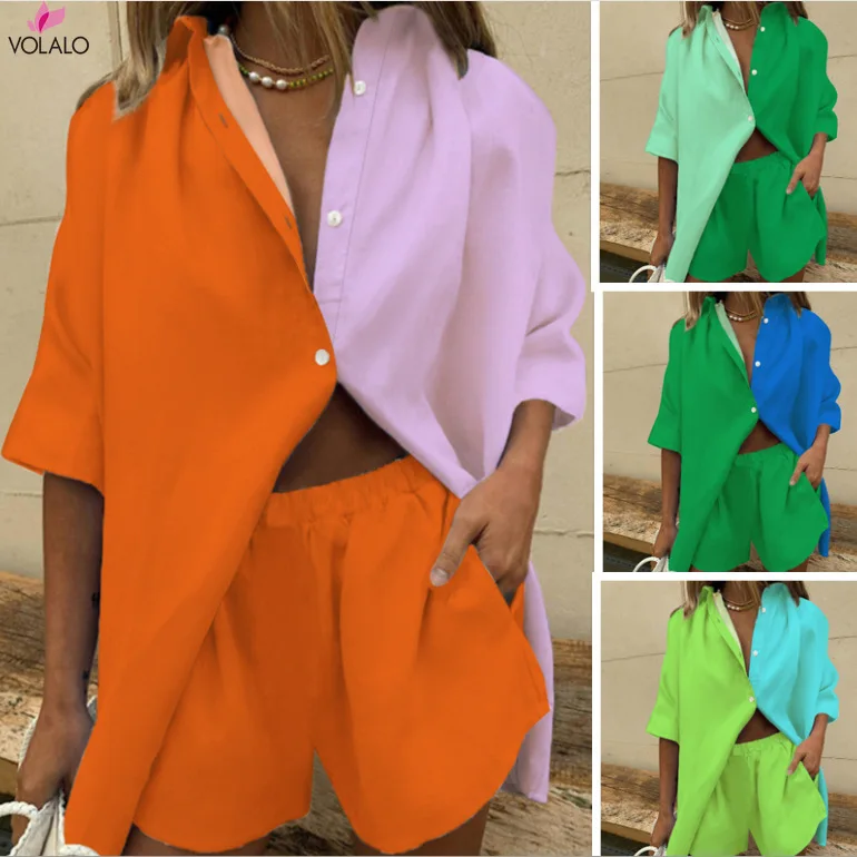 

Long Sleeve Single-breasted Top + Broad-legged Shorts Set Fashion Ladies Sexy Patchwork Suits Summer 2 Piece Outfits For Women