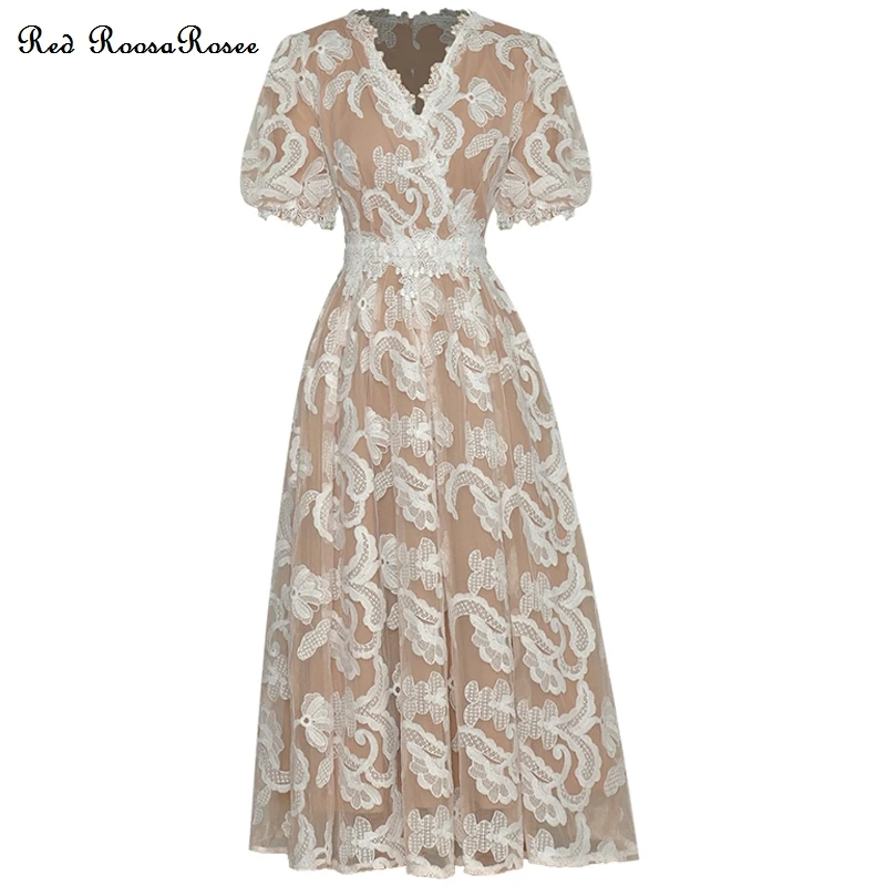 

Женское вечернее платье RoosaRosee, красное бежевое Сетчатое платье с V-образным вырезом и рукавами-фонариками, с цветочной вышивкой, лето 2022