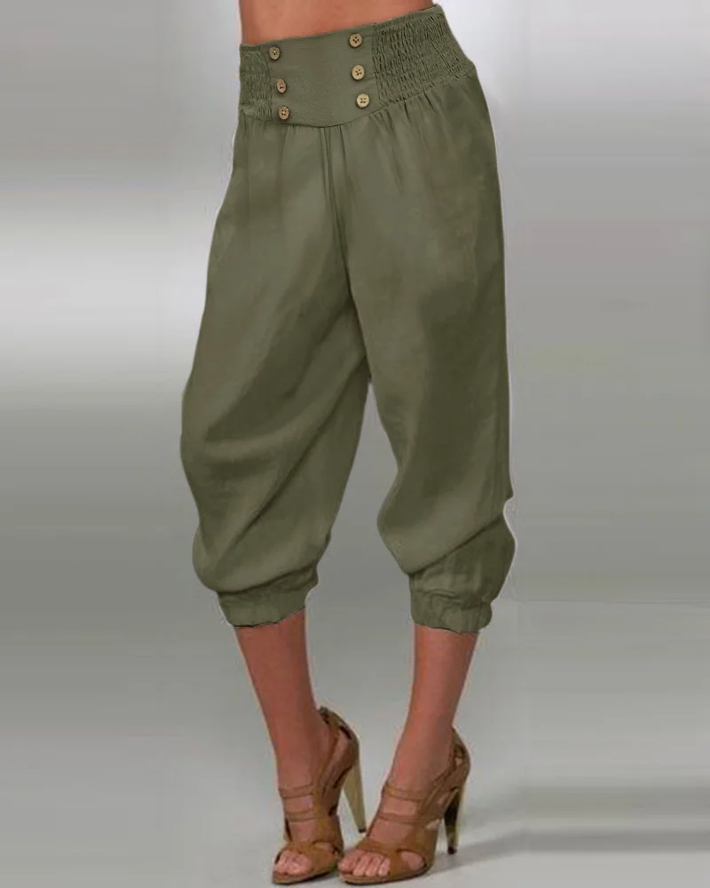 

Брюки женские с завышенной талией, однотонные повседневные модные штаны на пуговицах, с манжетами, на лето-весну