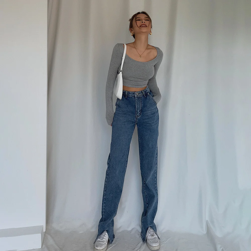 

Женские брюки крутые, ноги, джинсы с высокой талией с разрезом спереди, брюки в пол, тонкие, вертикальные брюки,