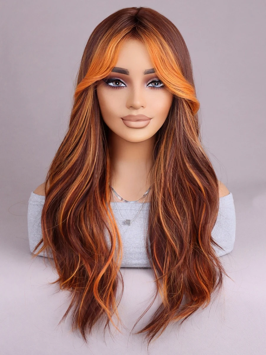 Красновато-коричневый с челкой натуральная волна для женщин термостойкие