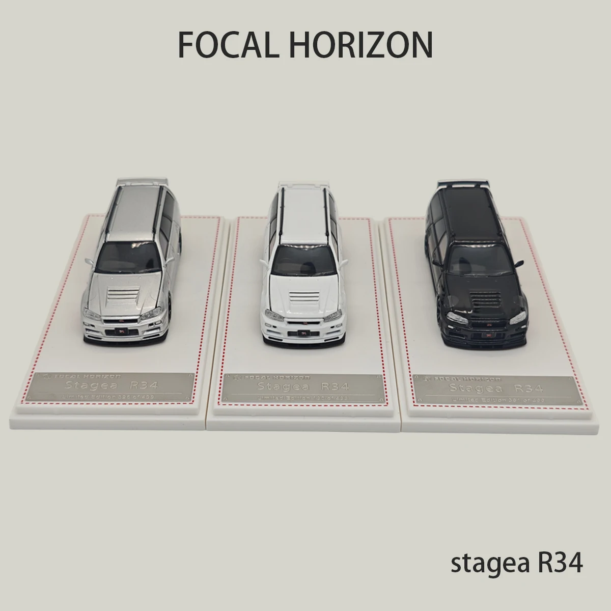 Фото FH в наличии: Коллекционная модель автомобиля Focal Horizon Stagea R34 Wagon, масштаб 1:64, литой сплав, доступны различные цвета. №4
