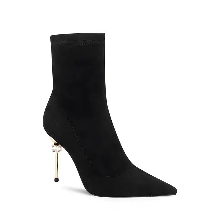 

Эластичные тканевые ботинки, женские черные ботинки, элегантная вязаная эластичная женская обувь с острым носком