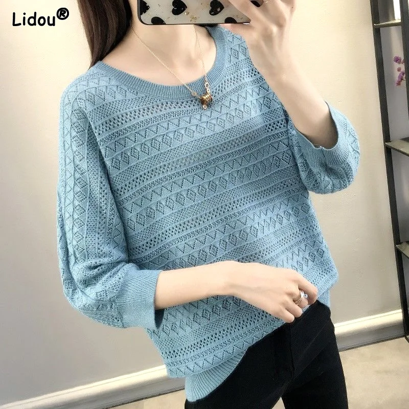 

Spring Summer Thin Loose Solid Three Quarter Sleeve Round Neck Hollow Out Women's Clothing 2022 Straight Pullovers Casual Tops