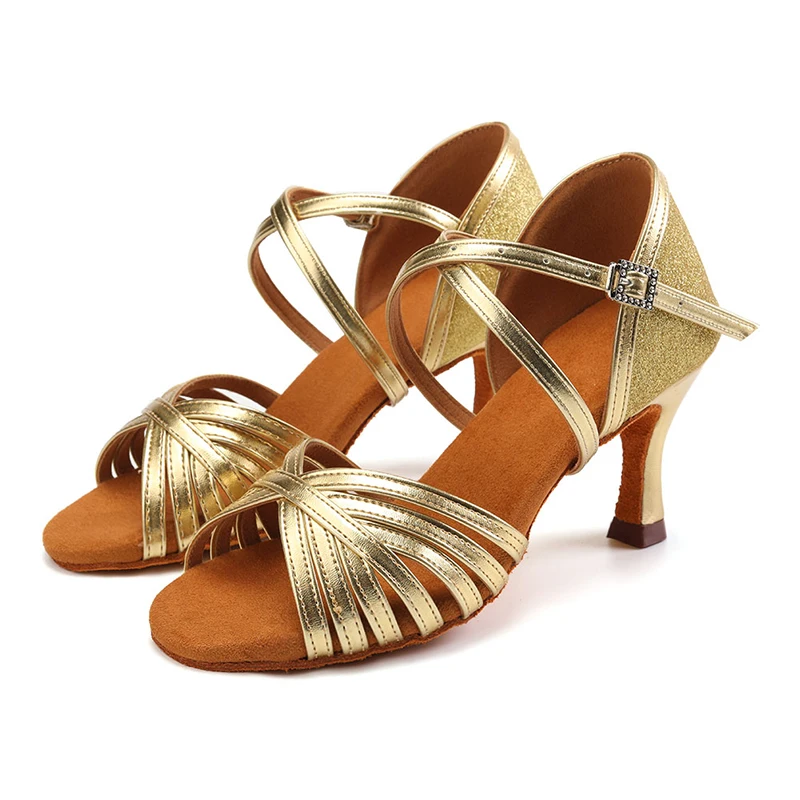 SWDZM Silver Latin Dance Shoes Ballroom Ladies Dancing Shoes For Women Jazz Salsa Dance Shoes PU 2 Colors Heeled 5cm/7cm