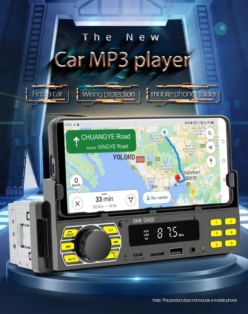 1Din Автомобильный радиоплеер MP3 Bluetooth USB TypeC TF AUX Автомобильная подставка для