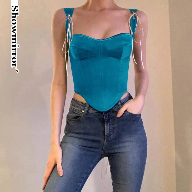 

Showmirror Women Satin Sexy Lace Up Backless Skinny Crop Top Lady Fashion Patchwork Sleeveless Black Club Party Vest 2022