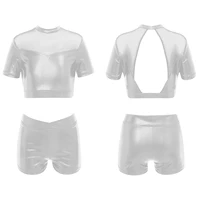 kids girls clothes set shiny metallic short sleeve mesh patchwork open back crop top with shorts suit for ballet jazz dance yoga