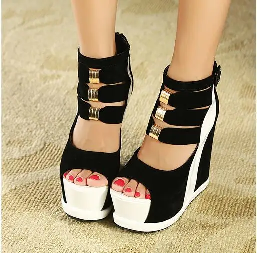 

Woman Shoes Summer Genuine Platform Thick Soles Sandal Wedges High Heel 14cm Peep Toe Mixed Colors Sexy Shoe Roman Style Fashion