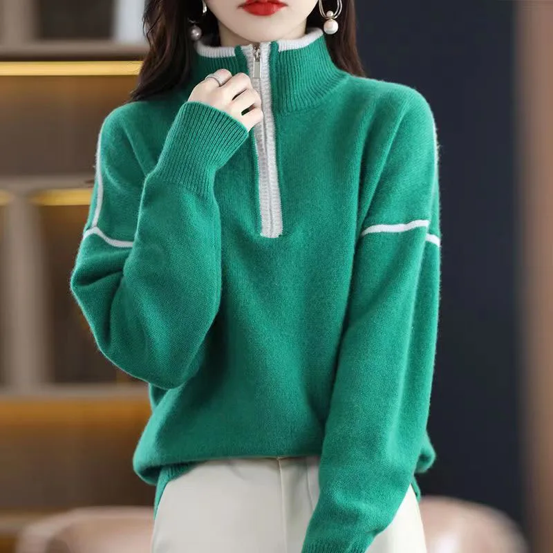 

2022 Winter Women's Mock Neck Zippers Fashion Women Sweaters Solid Green Pullover Long Sleeve Casual Knitted Sweater Autumn New