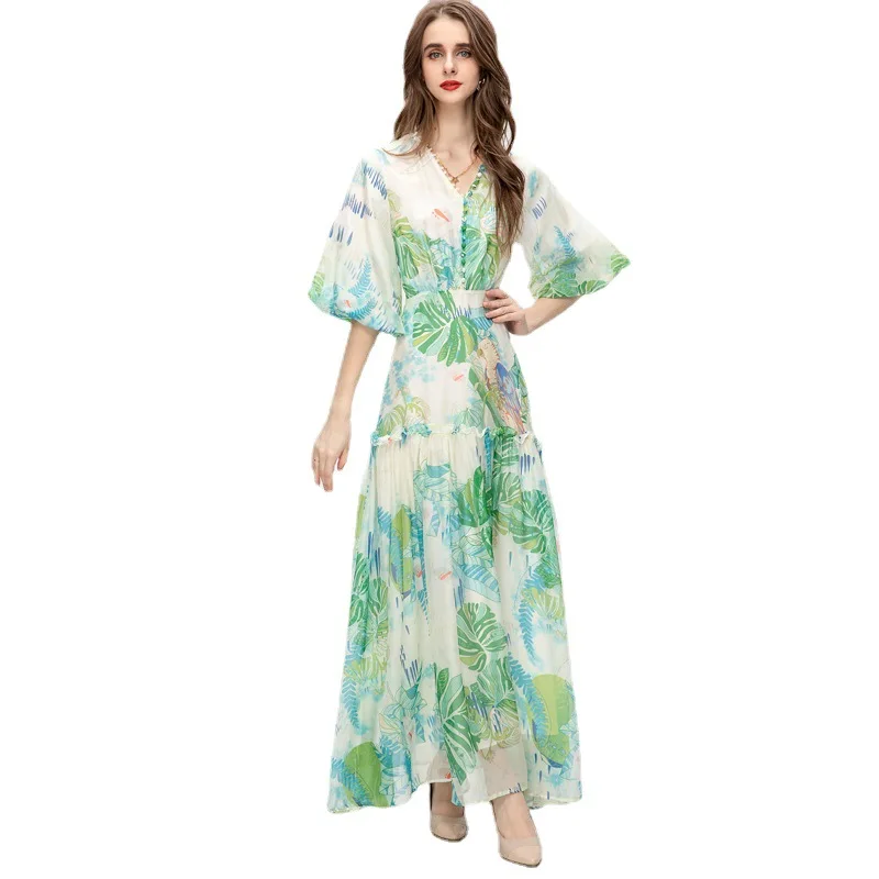 

Женское длинное платье с V-образным вырезом, повседневное пляжное платье макси в богемном стиле с рукавами-фонариками и принтом зеленых листьев, весна 2023