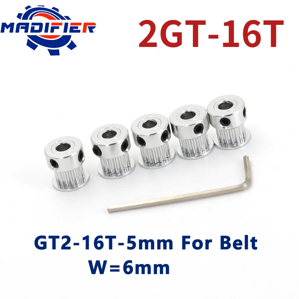 

5pcs 16 Teeth 2GT 2M 2MGT Timing Synchronous Pulley Bore 5mm for Rubber GT2 Open Belt Width 6mm small backlash 16Teeth 16T