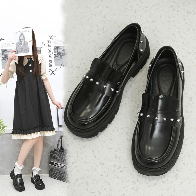 

Туфли женские с круглым носком, лоферы, удобная повседневная обувь без застежки, с заклепками, В Стиле Лолита, весна 2022