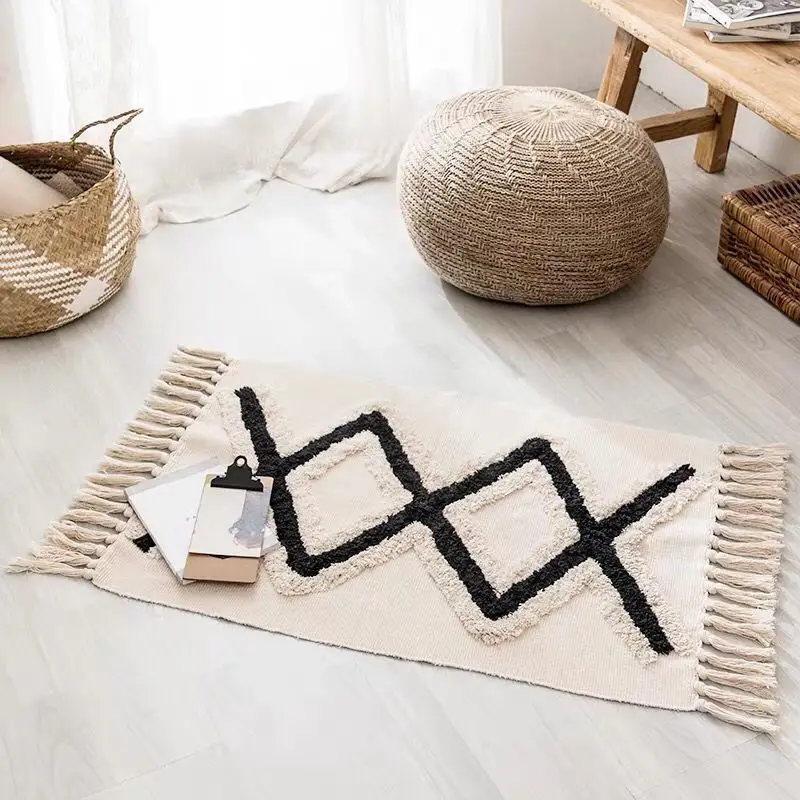 

Retro Bohemian Hand Woven Cotton Linen Carpet Tassel Rug Geometric Floor Mat Bedroom Tapestry Decorative Blanket Area Rug
