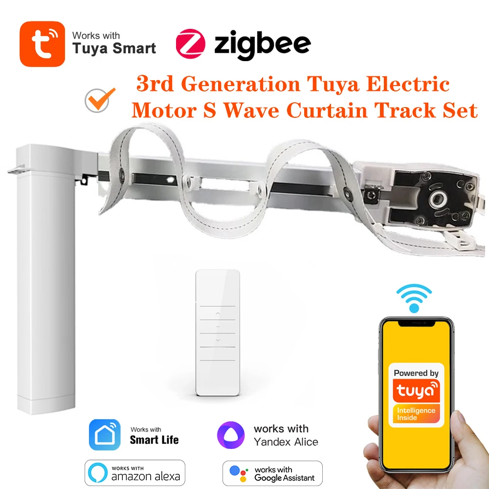 

Tuya Smart Zigbee 3 Generation Shorter Electric Curtain Motor S Wave Ripple Fold Curtain track Cornice Rail Alexa Alice Voice