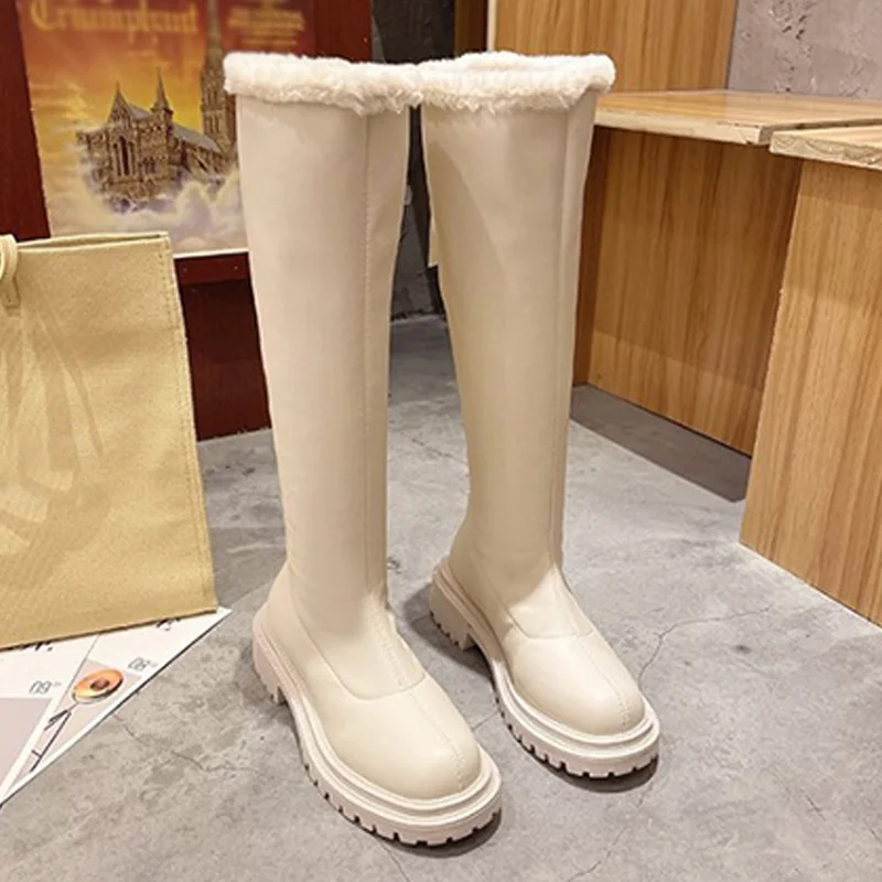 

New Women Knee High Boots Fashion Platform Shoes Thick Bottom Female Long Boots Winter Warm Plush Ladies Motorcycle Short Boot