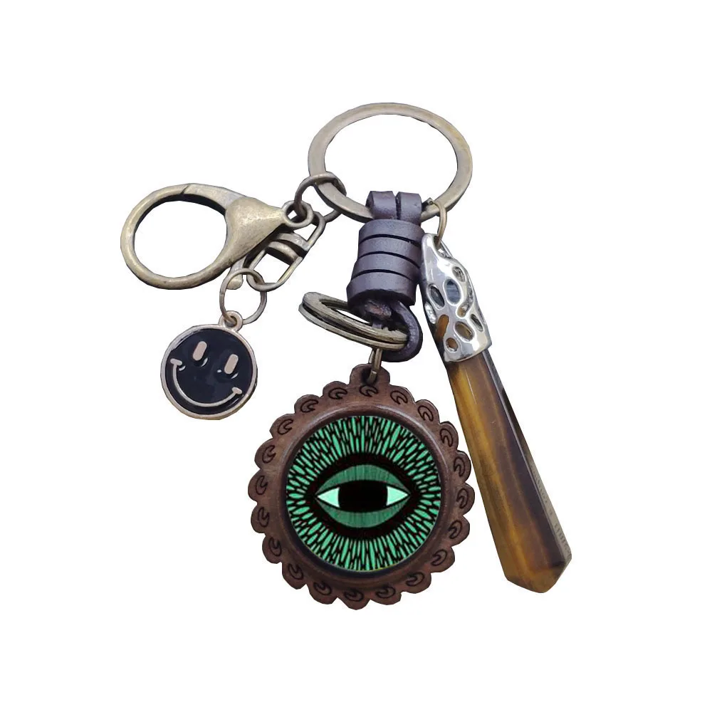

Retro Cowhide Woven Keychain Time Gem Turkey Blue Evil Eye Jewelry Demon Eye Dark Brown Raw Stone Key Ring Birthday Gift