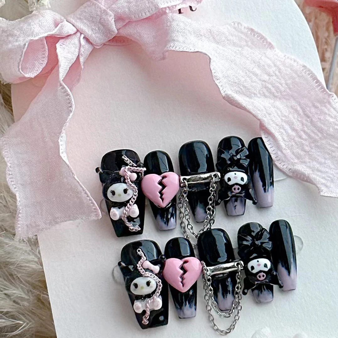 10 шт. Sanrios Kuromi kawaii искусственные накладные ногти Длинные Аниме мультфильм носимые