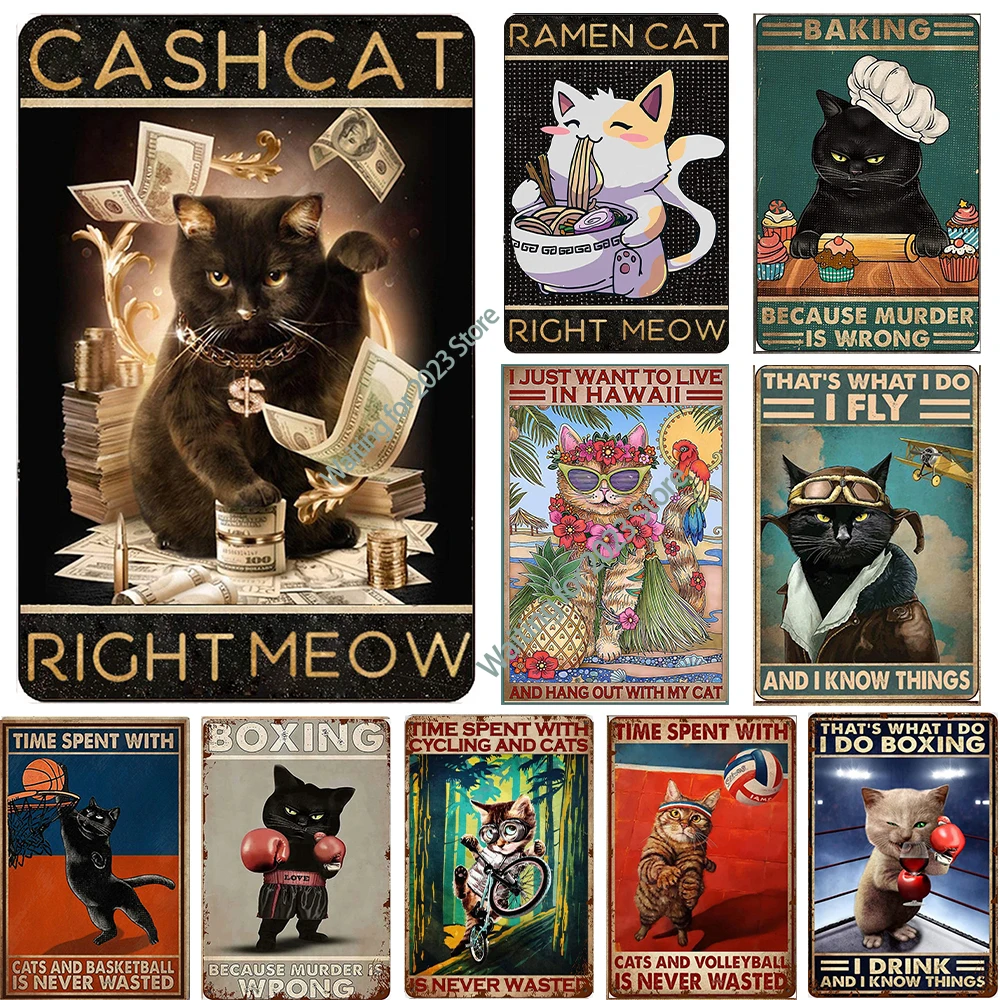 

Cash Cat Ramen Cat, Kitten Play Sports Metal Sign, Human And Lovely Animal, Vintage Metal Plate Wall Decor For Home Pet Shop