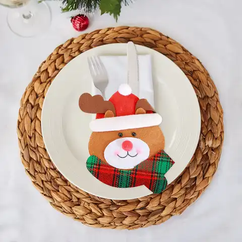 Рождественская искусственная ложка для столовых приборов, фольклорная сумка, снеговик, Санта, набор ковриков для стола и места, Аква-комод