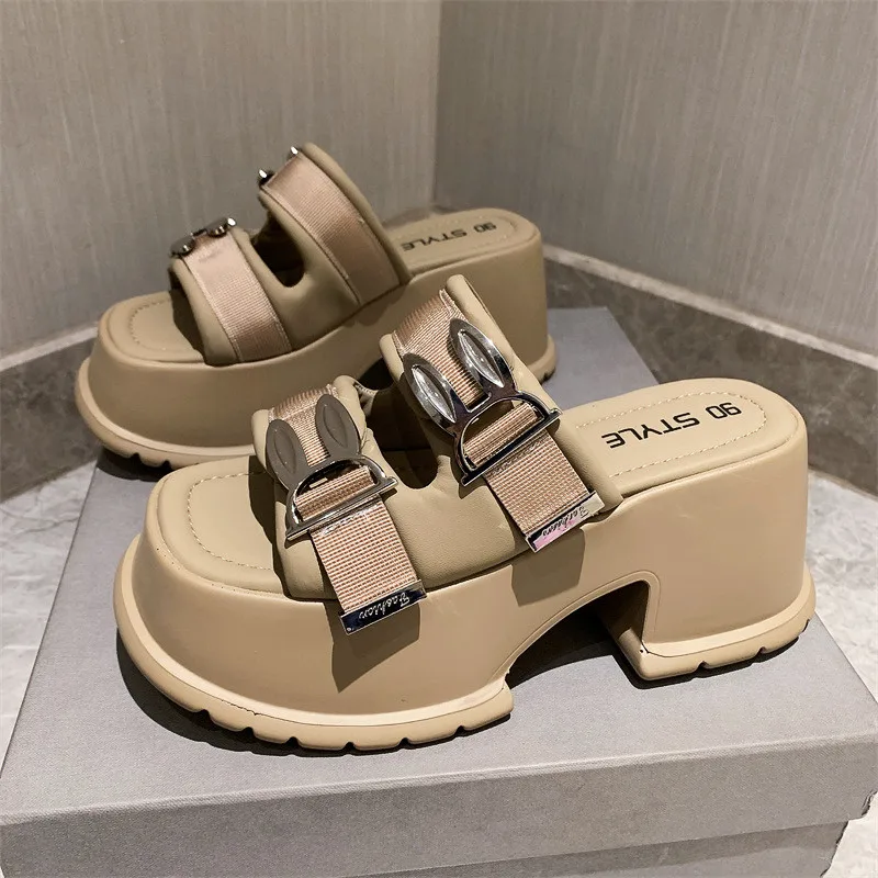Rabbit Sandals 2023 New Sheepskin Leather Thick-Soled High Heel Platform Square Heel Small Outdoor Slippers for Women